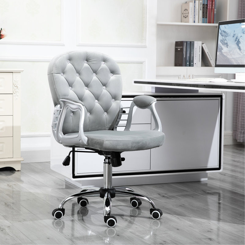 Office Chair In Grey Velvet, Button , Padded , Adjustable Height, Swivel Option Breathable Material, Seat Height &