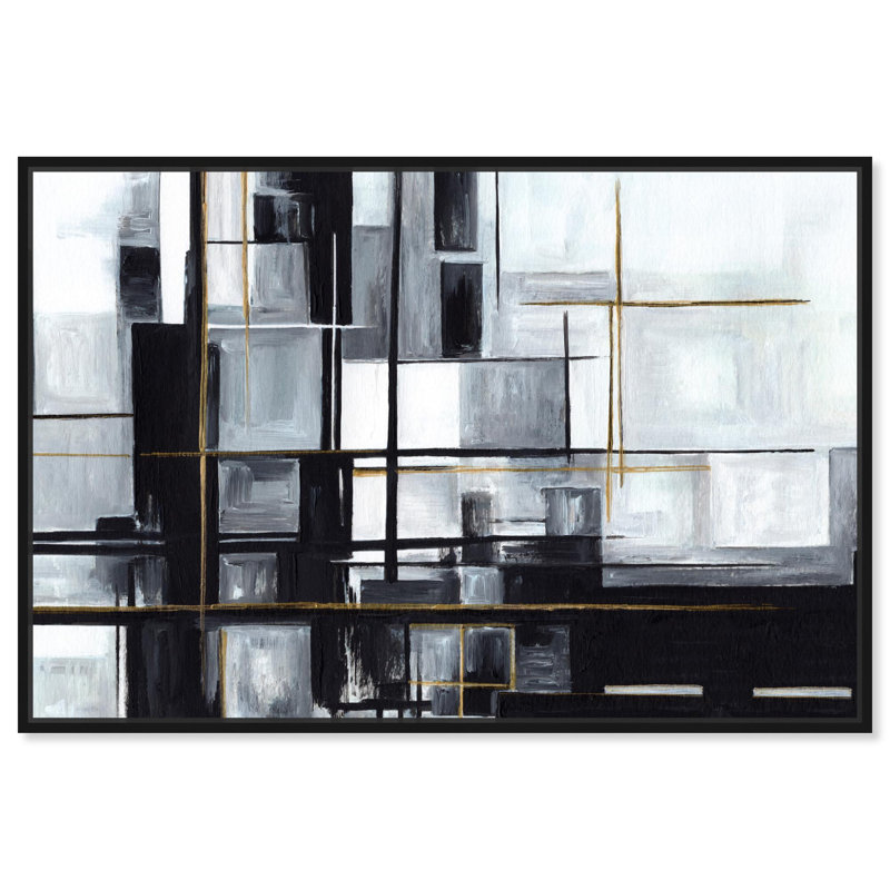 Art texturé noir et blanc sur toile texturée, H 11 po x l 16 po, Cadre flottant noir