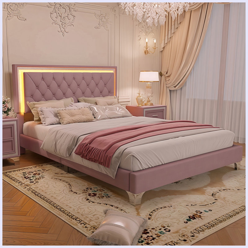 Lit plateforme moderne en velours avec tête de lit capitonnée et lumières DEL, Queen