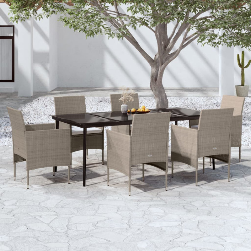 Long Dining Set with Cushions, Cream Cushion/Beige Frame, 6, 29.1" H x 78.8" W x 39.4" D
