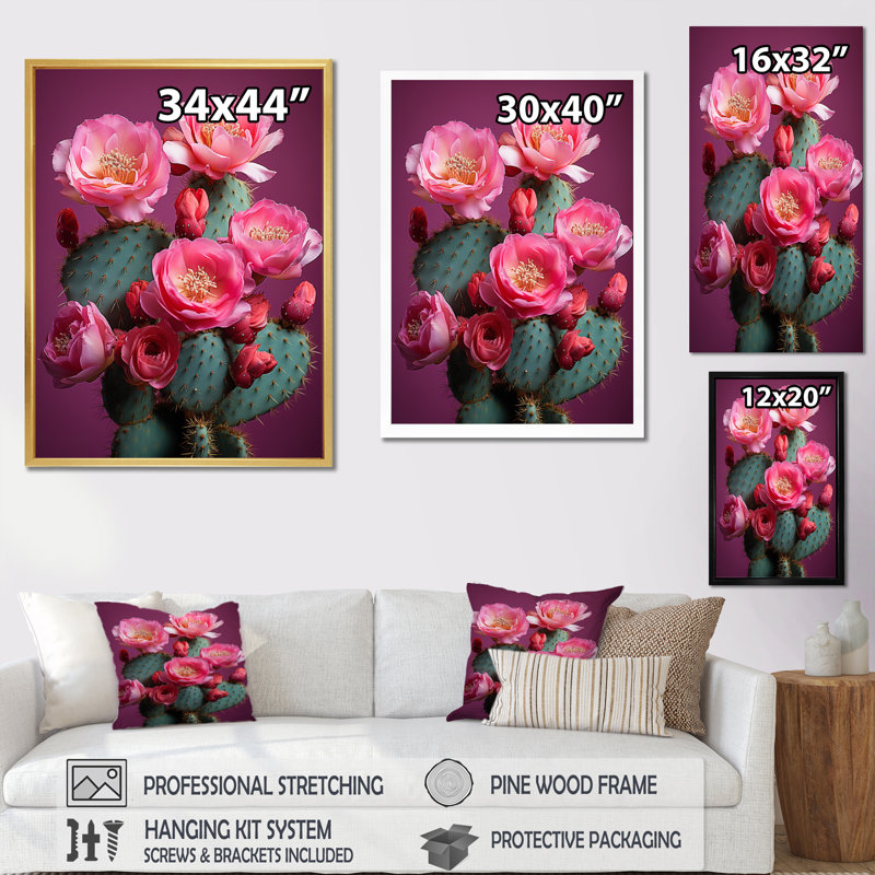 Traciann rose vert cactus du désert épineux I, H 40 po x l 30 po x P 1,5 po, Cadre flottant noir