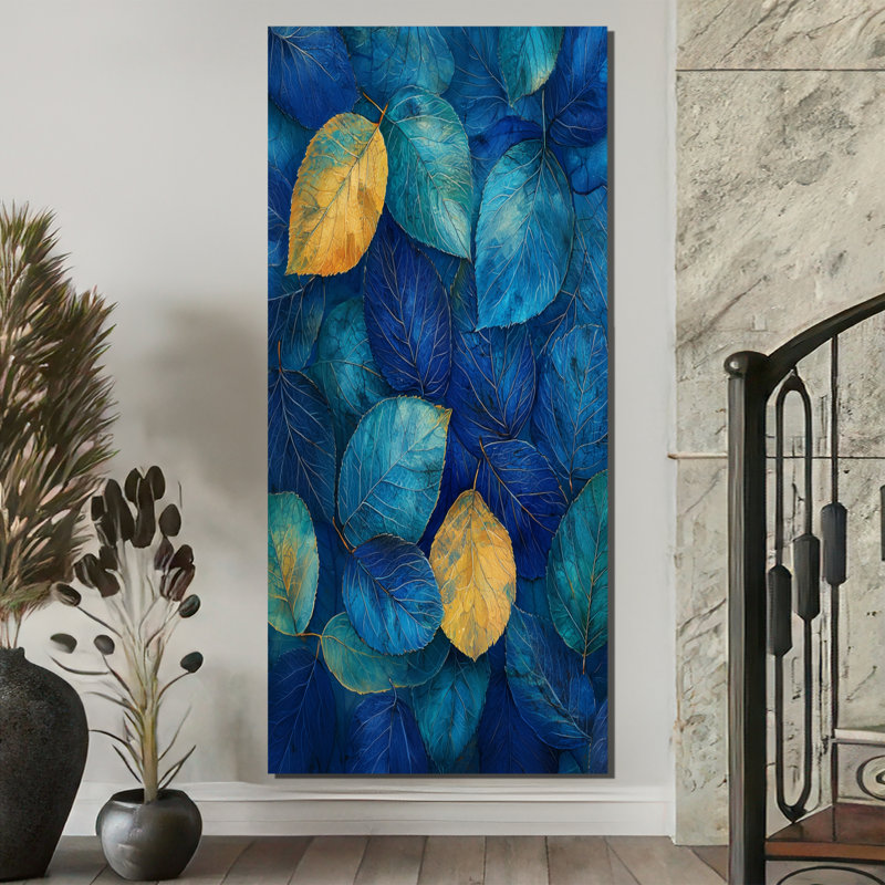 «Tessa Blue Leaves Forest Calm Scery», art mural de feuilles pour le salon, H 60 po x l 28 po, Toile tendue
