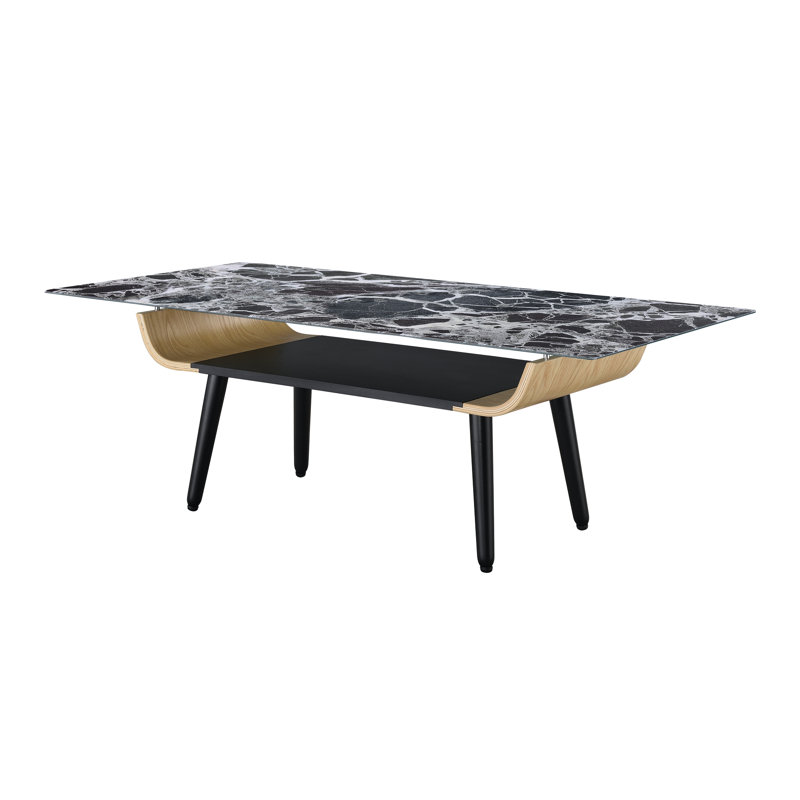 Table basse avec plateau en verre 47 po, texture marbre, bois cintré et table réglable de 47 po, avec tablette noire