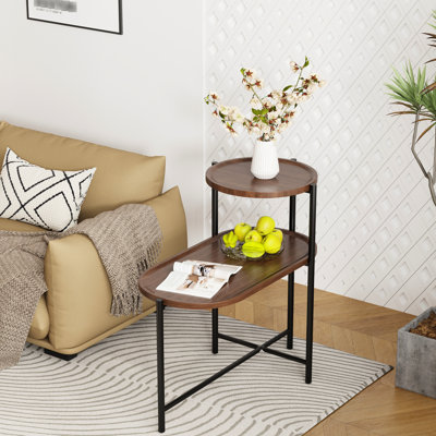 Table de rangement de salon avec plateau en noyer brun et structure en métal moderne à finition café à 2 motifs