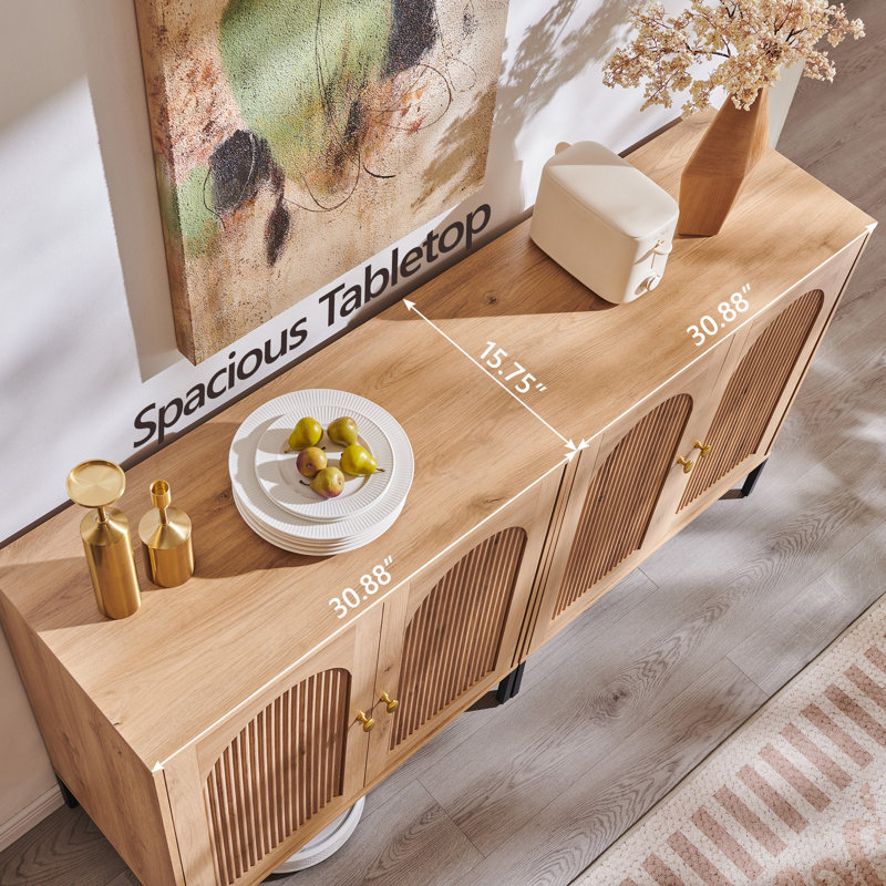 Buffet moderne cannelé avec rangement, Naturel, 2, H 34 po x l 61,76 po x P 15,75 po