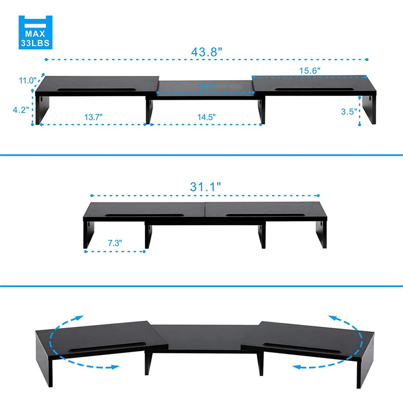 Support pour écran double à 3 tablettes réglables en longueur et en angle, 2 compartiments de rangement fonctionnels supplémentaires pour le bureau à domicile et l'école, noir