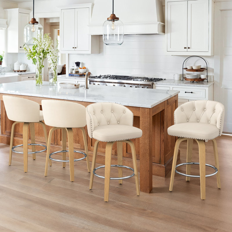 Swivel Upholstered Counter & Bar Stool With Wood Frame (Set Of 4), Ivory/Wood/Silver