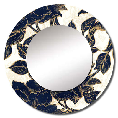 Quincoses Blue Gold Peonies Symphony III - Peonies Decorative Wall Mirror, Modern Round Mirror, Printed Metal Art