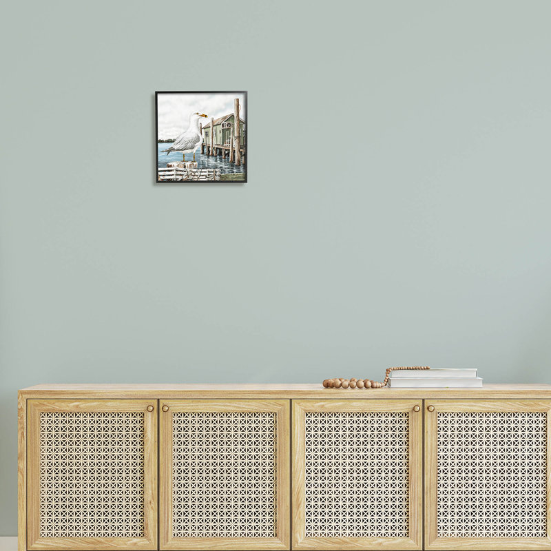 «Coastal Seagull» perché à la marina, estampe numérique par James Harris, Giclée encadrée noir minuit