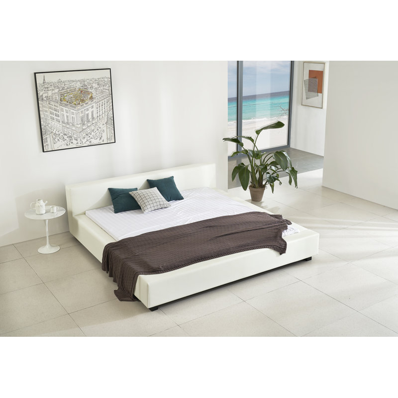 Upholstered Platform Bed, White, Queen