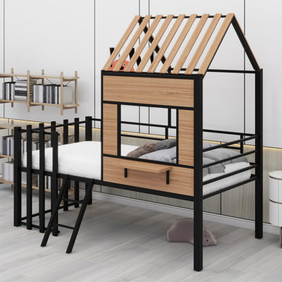 Metal Loft Bed With Roof, Window, Guardrail, Ladder