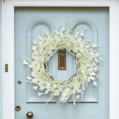 Spring Floral Wreath for Front Door, Artificial Wildflower Wreath with Filler Florals & Greenery, Farmhouse Door Decor (White)