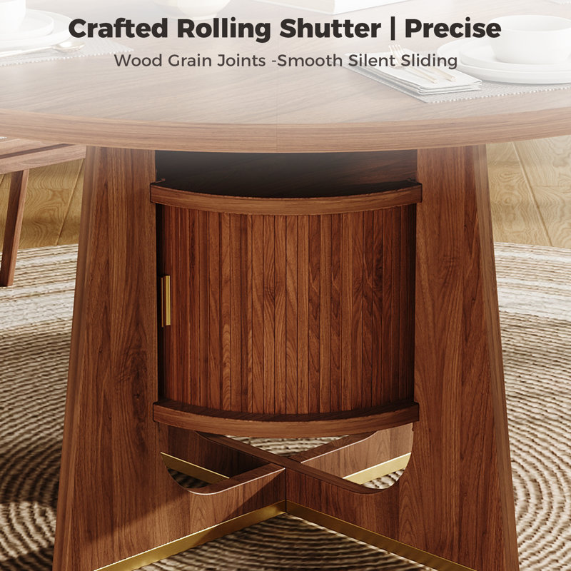 47 Inch Round Dining Table For 4-6 People With Built-in Storage Cabinet, Mid-century Modern Kitchen Table For Dining Room, Kitchen, Living Room (walnut)