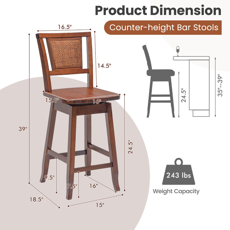 Swivel Bar Stools Counter Height Rubber Wood Pub Chairs W/ Rattan Back, 4
