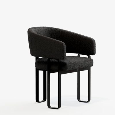 Black Boucle Dining Chair, Mid-Century Modern Dining Chair With Arms