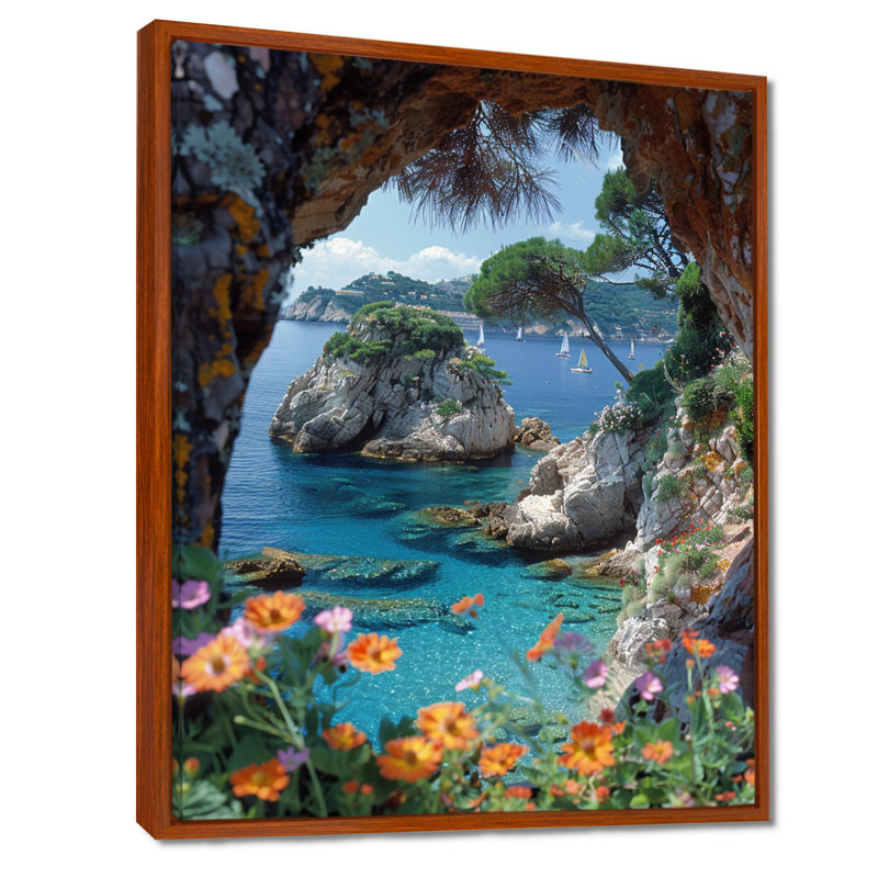 Vue de la grotte, lagon bleu, floraison, paradis, décor tropical mural côtier, Toile avec cadre flottant brun