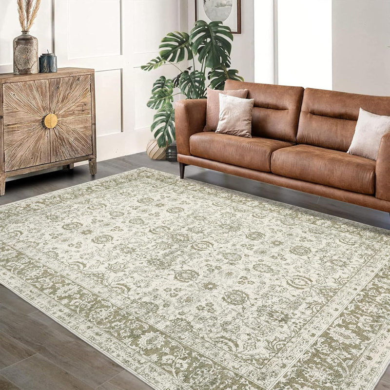 Non-Slip Washable Kitchen & Hallway Runner Rug, Low Pile Vintage Floral, Stain Resistant, Rectangle 9' x 12'