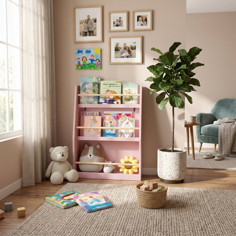 3-Tier Front-Facing Kids Book Shelf, Pink, Pink