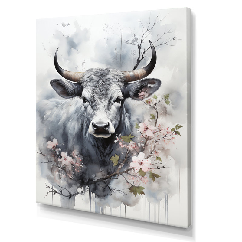 Bania, art asiatique, vache Sumi V, H 40 po x l 30 po x P 1,5 po, Toile tendue