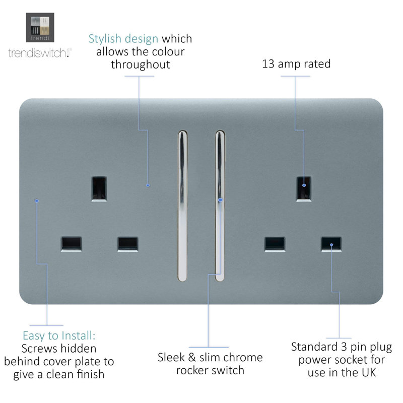 Trendi Switch 2 Gang Long Switched Plug Socket, Cool Grey