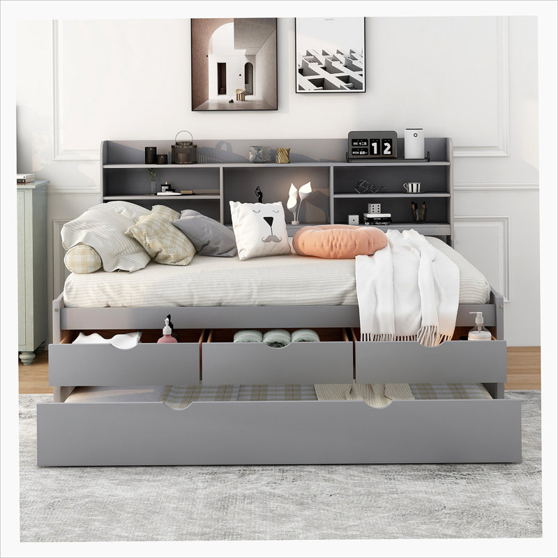 Wooden Captain Bed with Built-in Bookshelves,Storage Drawers and Trundle