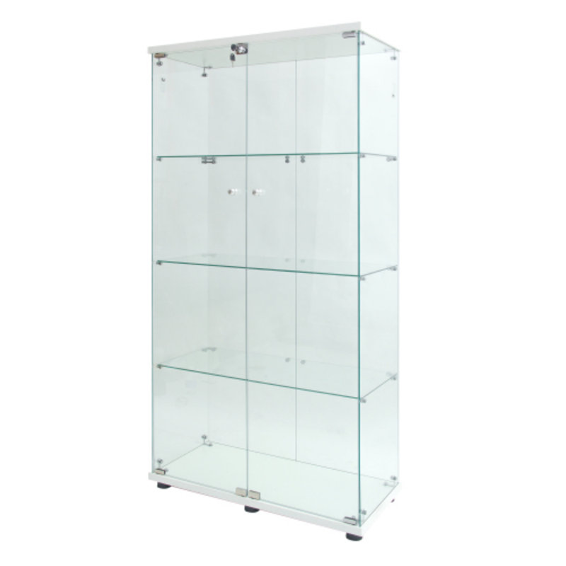 Vitrine en verre trempé noir, armoire à vin et rangement avec lumières Pat et serrure de porte, White