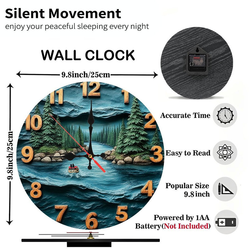 River Scene Wall Clock Wood Carving