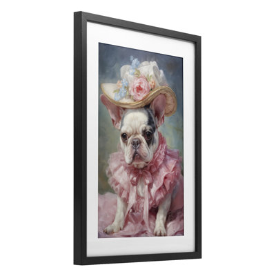 «Frenchie in Pink Dress», reproduction encadrée sous verre, conception de Wumples