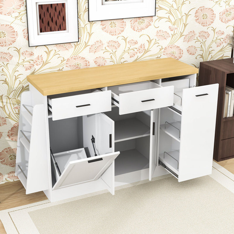 Modern Kitchen Island with Trash Bin Compartment, Sliding Doors, 3-Tier Spice Rack and Adjustable Storage, White