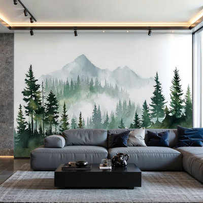 Peel and Stick Wallpaper Wall Mural Watercolor Green Misty Forest Silhouette Beautiful Landscape Wall Art Self Adhesive and Removable