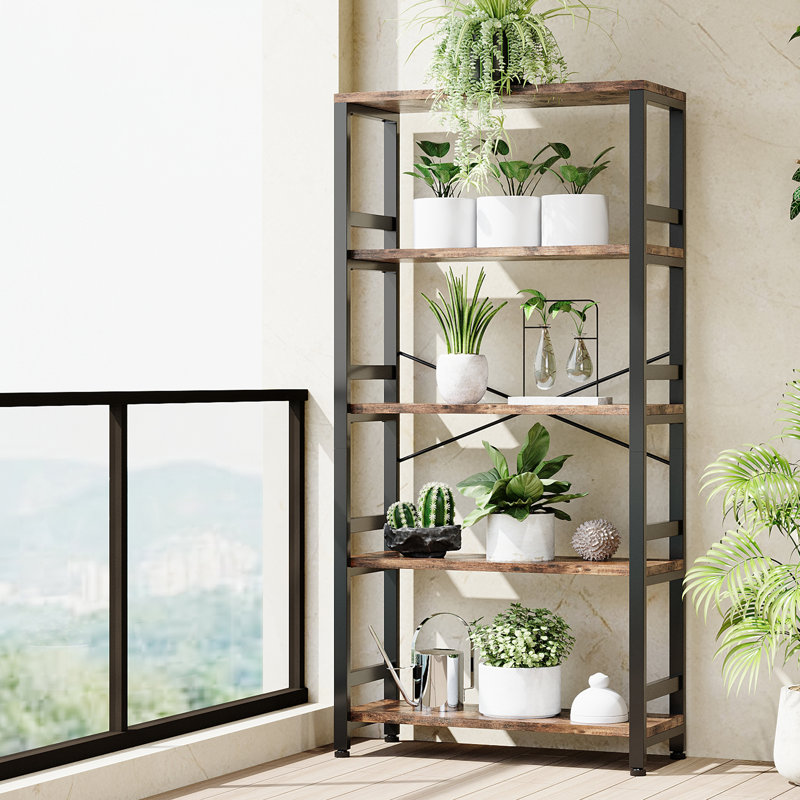 68.7" H x 31.5" W Iron Etagere Bookcase Ladder Shelf 110lbs, Black/Brown