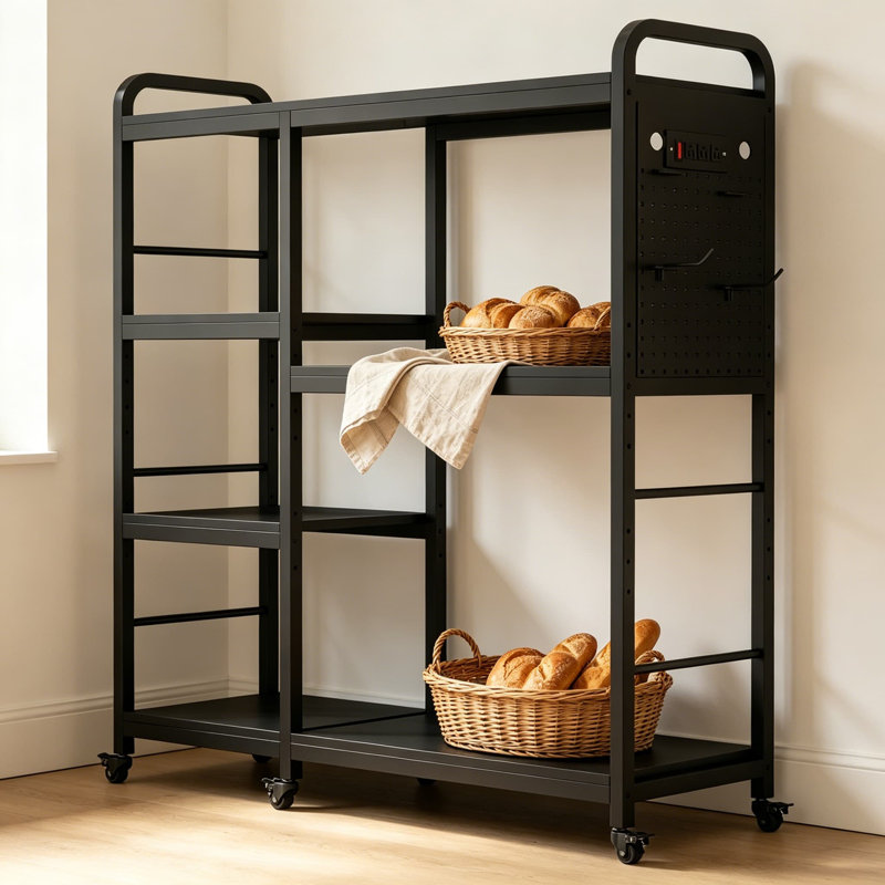 Étagère de boulanger avec prise de courant, étagère de boulanger de cuisine à 6 niveaux, chariot à micro-ondes avec rangement et 9 crochets pour la cuisine, le salon, la salle à manger, le bar à café