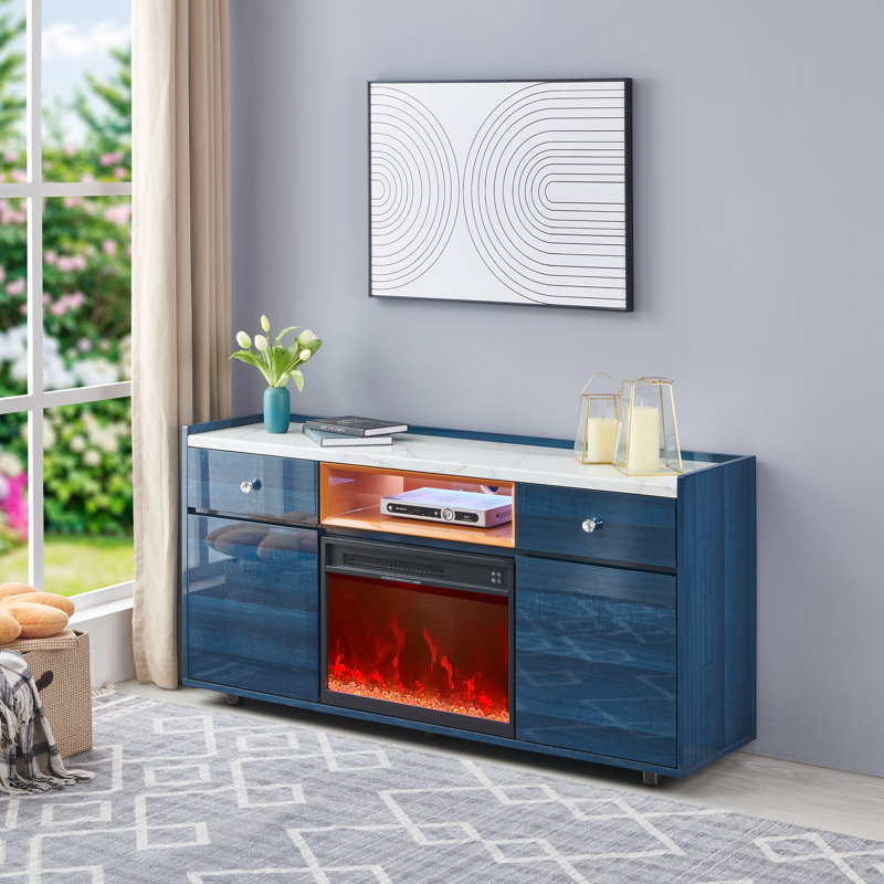 VALUEON 59" CONTEMPORARY TV STAND WITH FIREPLACE, Carrara/Maple Wood Grain Finish