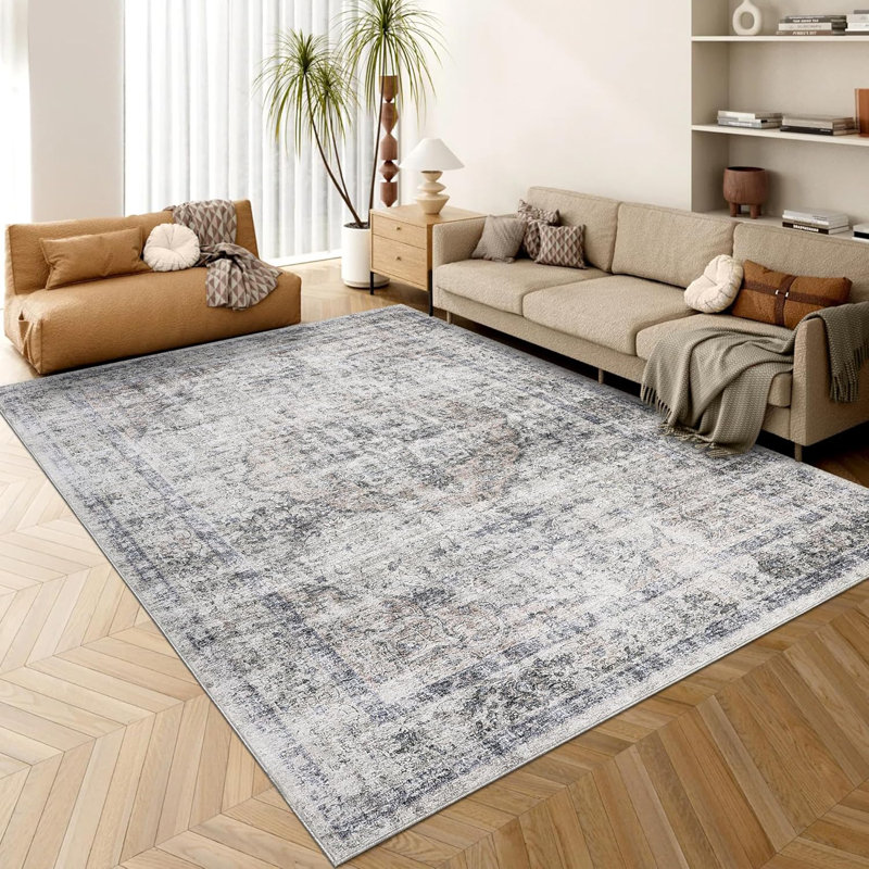 Washable Floral Rug Thin Non-Slip Low Pile Area Rug Stain Resistant Foldable Space-Saving Carpet Mat for Entryway Beige