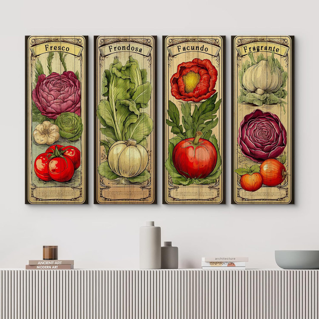 Kitchen Food Vintage Green Vegetable Kitchen Decor On Canvas 4 Pieces Print Large Wall Art IDEA4WALL