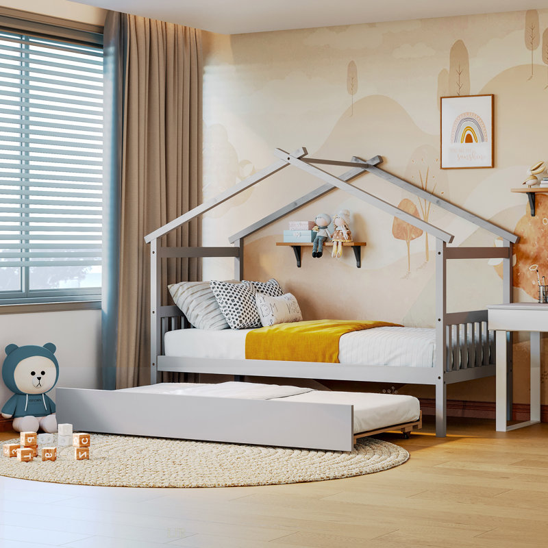 Saunderton Wooden House Bed with Trundle, Gray, Twin