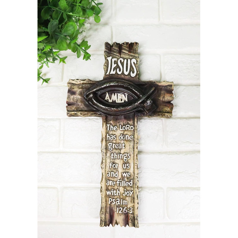 Ichthys, poisson, épi, clous, Jésus, avec, psaume scriptural, 126, croix en faux bois