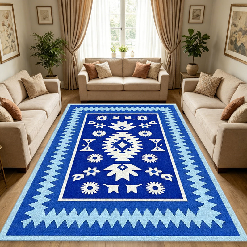 Blue Southwestern carpet-easy to clean, machine-washable, soft and comfortable; suitable for door mats, kitchens, living rooms, bedrooms, corridors, and laundry areas. Easy to clean, durable carpet for home decoration.