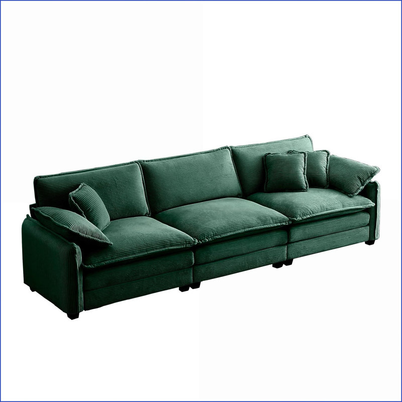 Canapé modulaire 3 places Mid-Century moderne avec 2 accoudoirs 3 coussins décoratifs - Velours côtelé vert sauge, pour le salon, la chambre à coucher | Vert | Velours côtelé