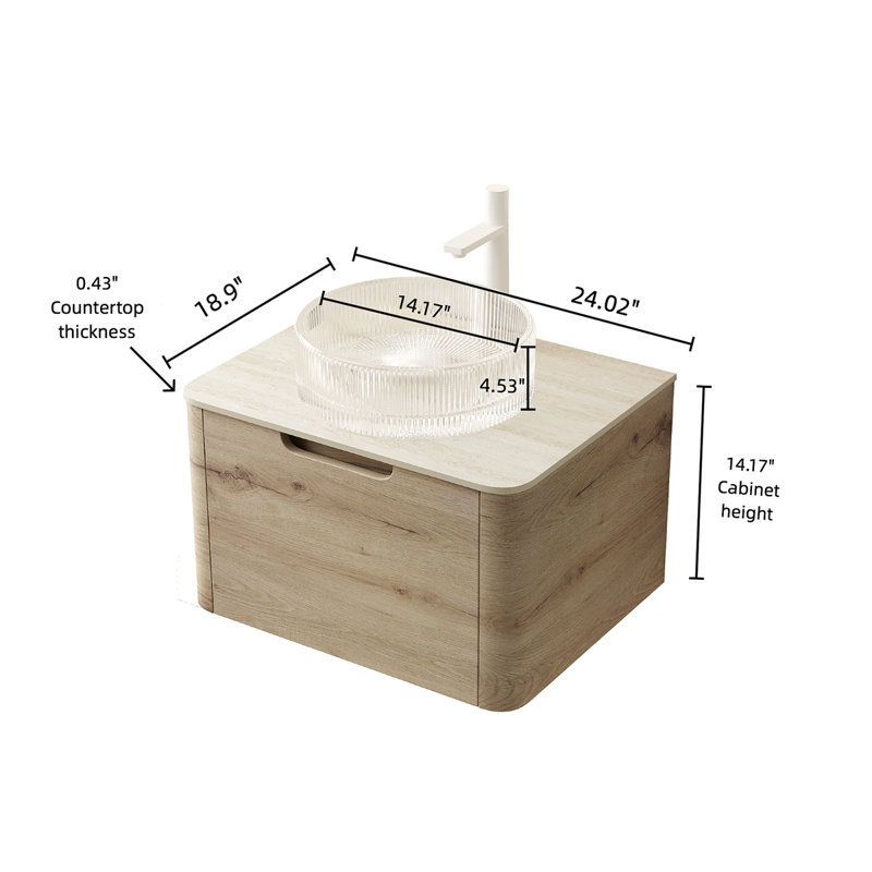 Meuble-lavabo de 24 po avec lavabo, armoire de rangement flottante en contreplaqué avec tiroir, lavabo rond en verre transparent et plateau en pierre frittée à motif de travertin Roma, pré-assemblé