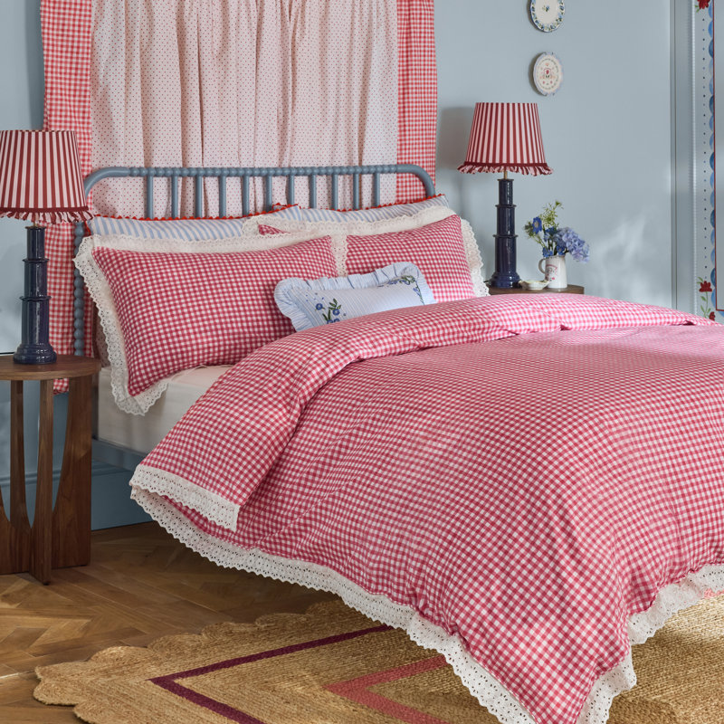 Painted Gingham Lace Reversible Cotton Duvet Cover Set, Double, Red