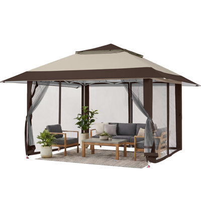 13 Ft. W x 13 Ft. D Outdoor Gazebo for Backyard & Patio Lawn with Netting (Khaki&Coffee)