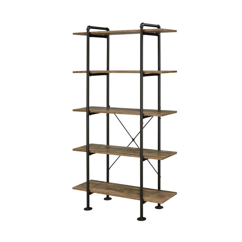 Rectangular Rustic Oak And Black 5-shelf Bookcase, Ideal For Displaying Books Collectibles Metal Base Enhances Bedroom Storage Style