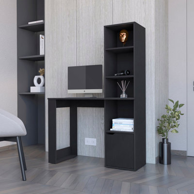 Bureau d'ordinateur avec bibliothèque à 4 niveaux et armoire à 1 porte Wengé