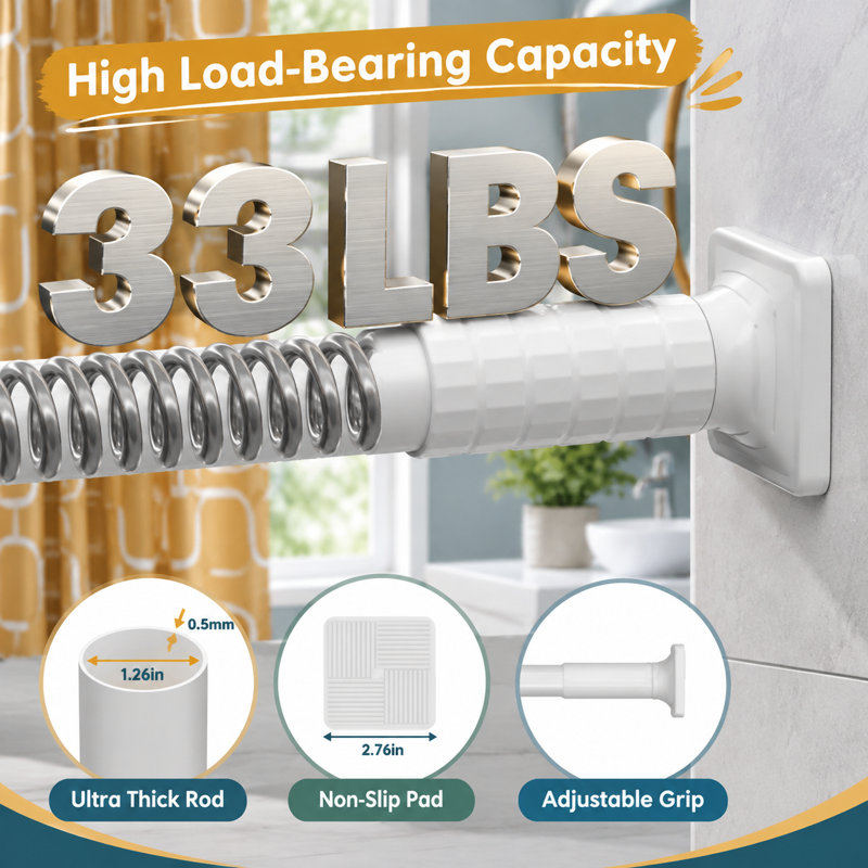 An extra-long outdoor spring shower tension rod with a square base, adjustable from 51-168In (4.25-14Ft); the heavy-duty, rust-proof no-drill design works for windows, patios, and bathrooms.