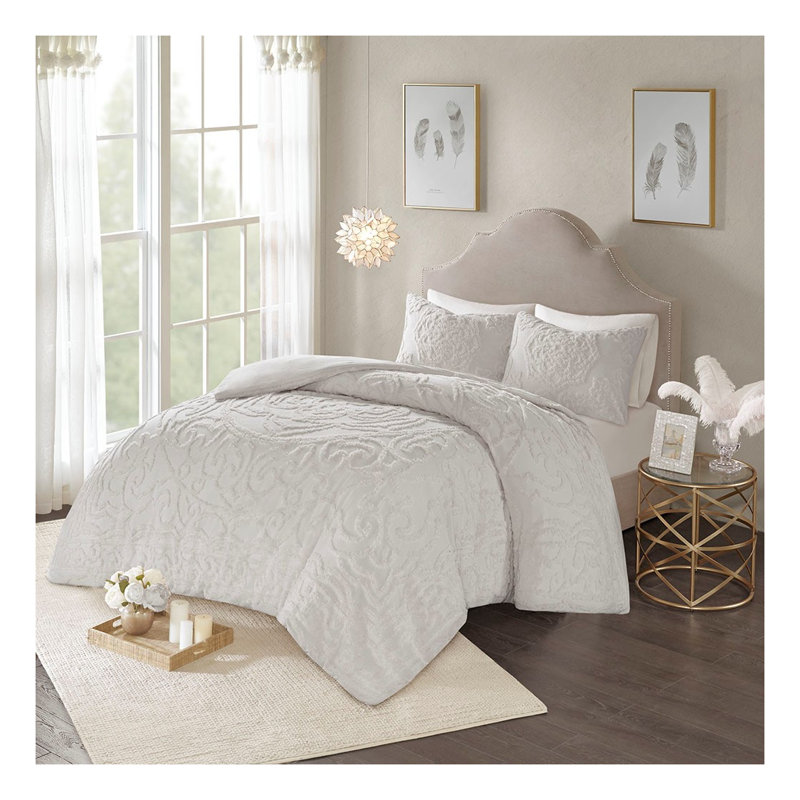 Ensemble de housse de couette médaillon en coton 3 pièces très grand / très grand californien / gris clair avec certification OEKO-TEX
