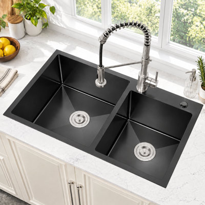 Évier de cuisine 32 po x 19 po à double cuve en acier inoxydable, lavabo encastré moderne avec drains, crépines