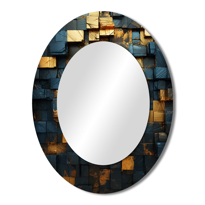 Grunge Gold Cubes Abstract Geometric V - Large Oval Wall Mirror On Metal, 43" H x 33" W