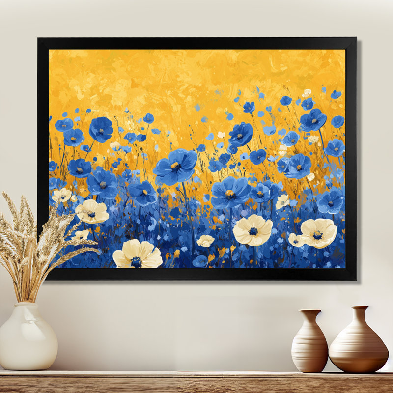 «Ison Blue Golden Wildflower Meadow Scenery II», art mural fleurs sauvages, Reproduction encadrée d'une seule photo, Noir