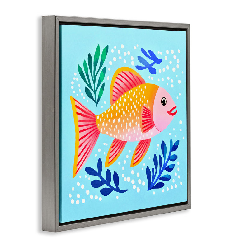 "Whimsical Fish & Seaweed", art mural encadré flottant par Andrea Haase, H 18 po x l 18 po, Cadre flottant gris lustré